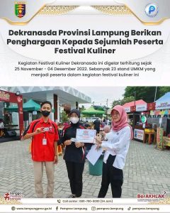 Dekranasda Provinsi Lampung Berikan Penghargaan Kepada Sejumlah Peserta Festival Kuliner