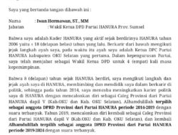 Klarifikasi Tegas Iwan Hermawan Telah Mengundurkan Diri Sebagai Anggota Kader Partai Hanura Pada 5 Agustus 2024 Yang Lalu
